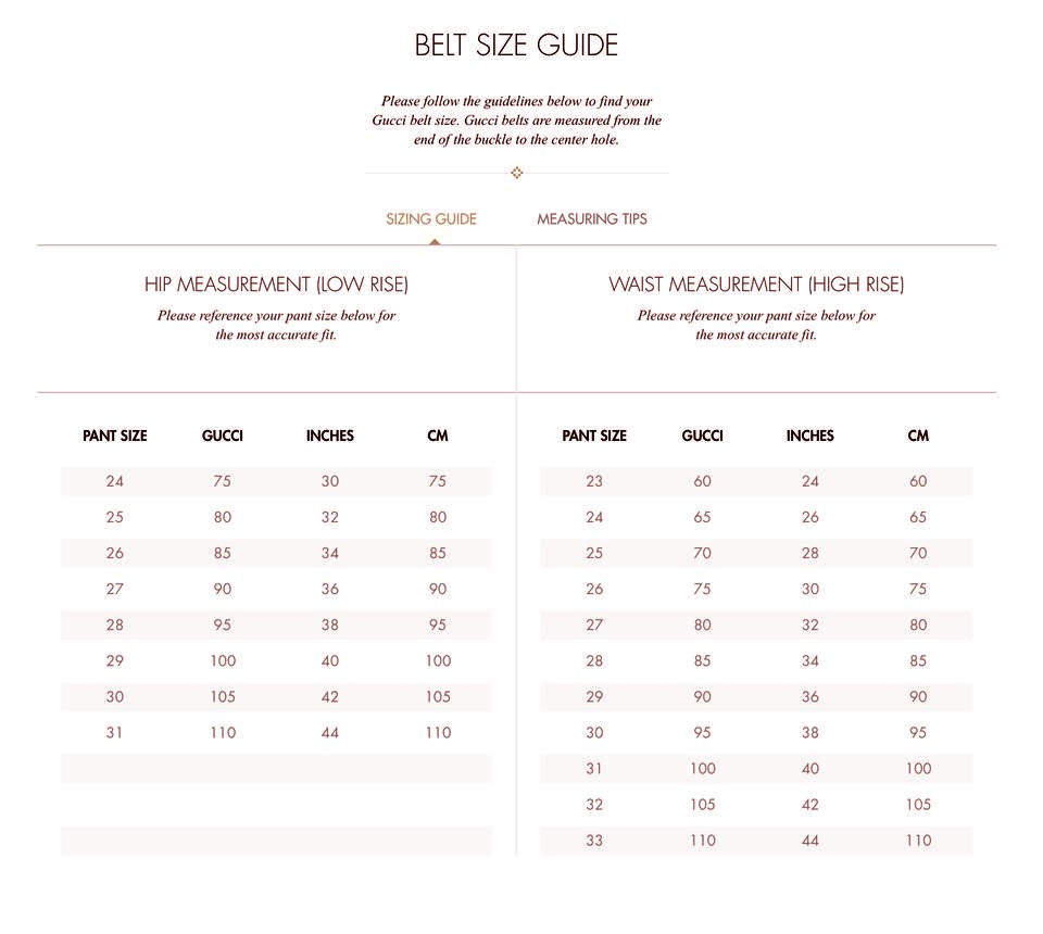 size guide for gucci belt